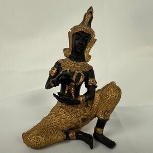 Vintage Gilded Verdigris Bronze Statue Thai Prince Musician Playing instrument